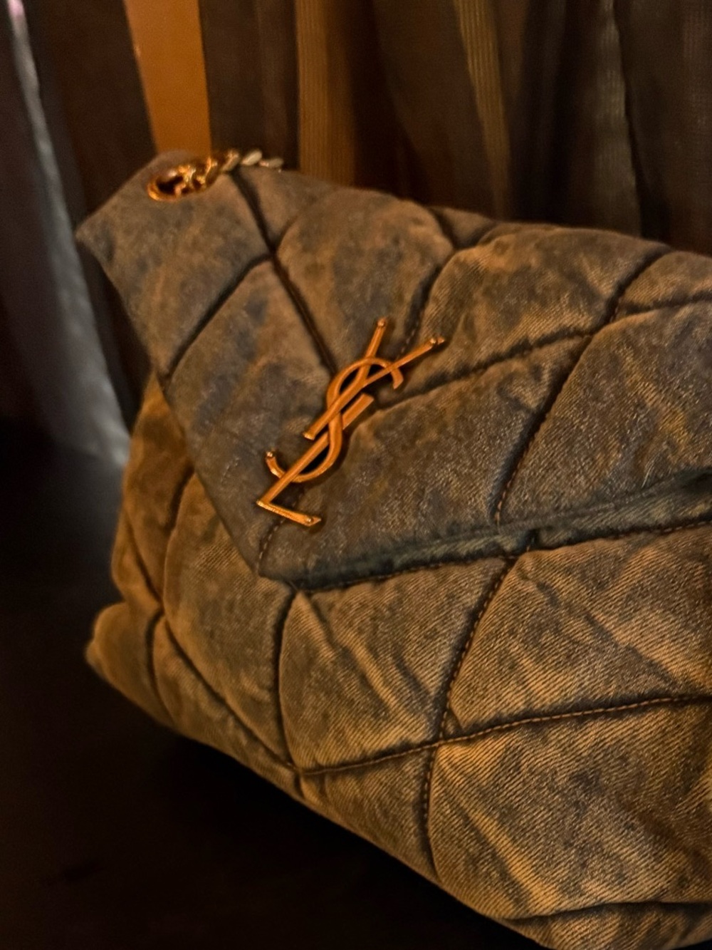 Yves Saint Laurent Denim Puffer Shoulder Bag in Rodeo Blue with Gold Hardware - Picture 3 of 5